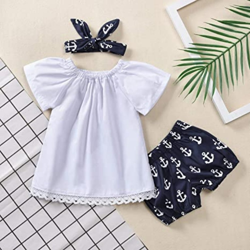Baby Girl Anchor Outfit. Short Sleeve Top, Short Pants &  a Cute Headband!